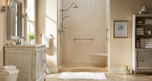 Beige bathroom with a walk-in shower.